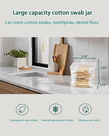 Cotton Swab Holder with Lid - Clear Plastic Bathroom Vanity Organizer, Shatterproof U-Slot Cotton Swab Dispenser Canister, Dustproof Countertop Container for Cotton Swabs & Apothecary Storage