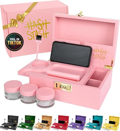 HASHSTASH The OG Storage Box - Large Bamboo Box with Combination Lock, Magnetic Lid, Organizer Tray, Tube, Brush and 3 Jars - Discreet Decorative Stash Storage Lock Box with Accessories (Pink/Gold)