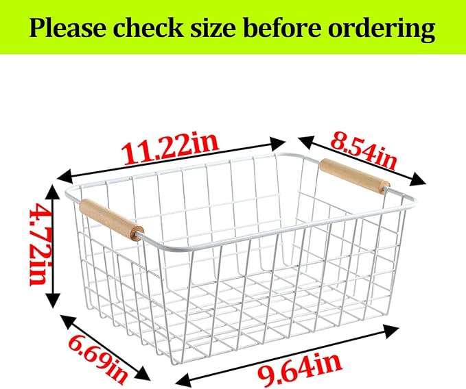 Metal White Wire Basket,Food Storage Organizer with Wooden Handles, pantry organizers and storage for Organizing Kitchen Cabinets potato onion, 2 Packs