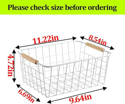 Metal White Wire Basket,Food Storage Organizer with Wooden Handles, pantry organizers and storage for Organizing Kitchen Cabinets potato onion, 2 Packs