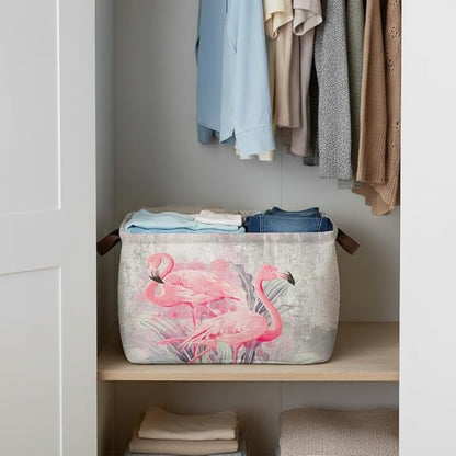 Flamingo Storage Basket Waterproof Canvas Toy Storage Bin Home Flamingo Decor Collapsible Outdoor Basket with Leather Handles Flamingos Gifts Blanket Baskets For Closets,Bedrooms,Bathroom