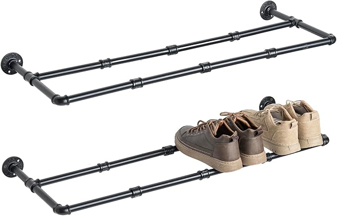 MyGift Industrial Matte Black Metal Pipe Hanging Shoe and Boot Rack Organizer Shelf, Wall Mounted Space Saving Footwear Storage Shelves for Closet, Mudroom, Entryway, Set of 2, Holds 8 Pairs
