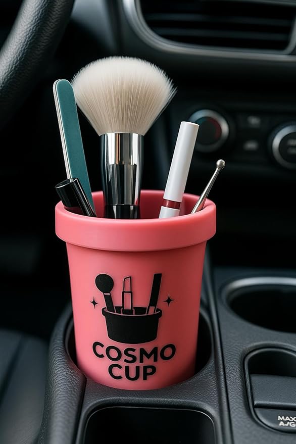 CosmoCups Car Makeup Brush Cup Holder, Decorative Pot Design, Cosmetic Organizer Storage Container for Beauty Tools and Accessories for Cars and Home