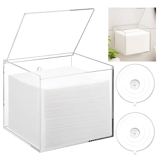 Yalikop Wall Mounted Disposable Facial Towel Storage Box Holder, Clear Acrylic Box for Clean Towels XL (Not Included), Disposable Face Towelettes Organization Container for Bathroom Cleansing Dry Wipe