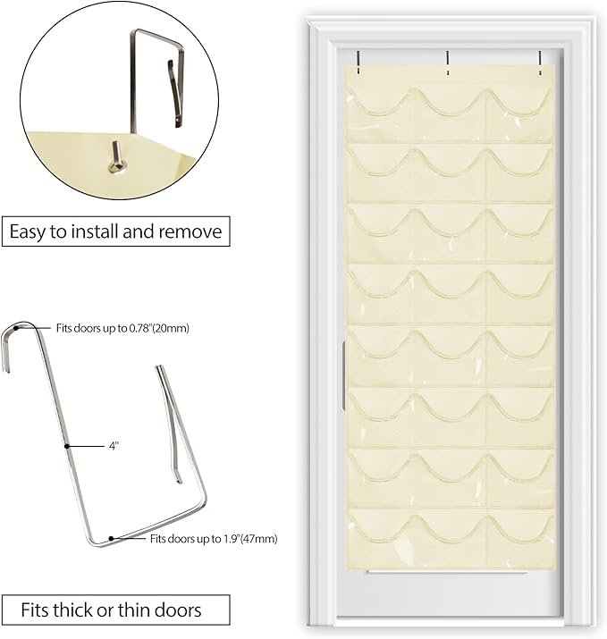 Dofilachy Hat Rack - Hat Organizer - Hat Racks for Baseball Caps, Visible Hat Holder - Baseball Hat Rack for Wall Door with 3 Hooks, 24 Deep Pockets (Beige,large)