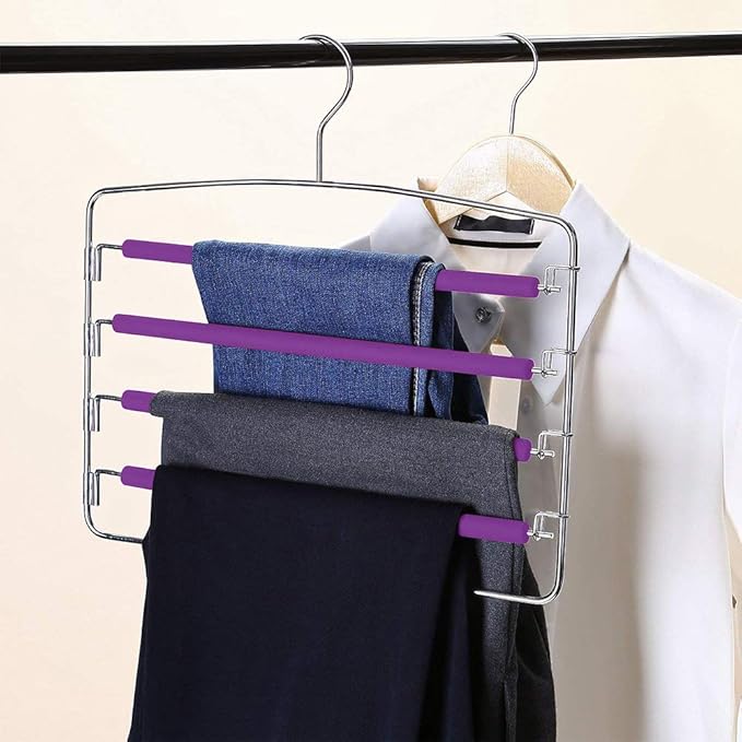Swing Arm Pant Hangers 2 Pack Non-Slip Multi Layers Removeable Stainless Steel Pant Jean Slack Hangers Foam Padded Rotatable Hook for Space Saving Clothes Trousers Closet Organizer