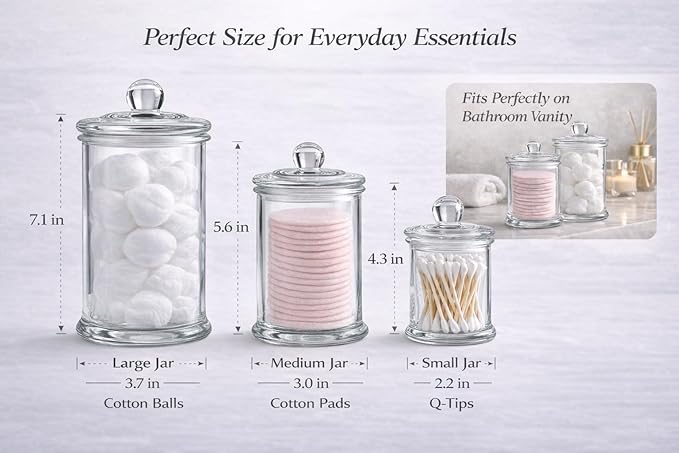 KMWARES 3PCs Set Small Mini Clear Glass Premium Quality Apothecary Jars/Bathroom Storage/Vanity Organizer Canisters for Cotton Balls/Swabs, Makeup Sponges, Bath Salts, Q-Tips (3Jar)