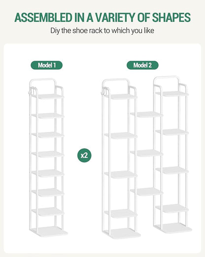 Hzuaneri 8 Tiers Vertical Shoe Rack, Narrow Shoe Tower, Tall Shoes Shelf with 2 Hooks, Adjustable Shelves, Corner Shoes Shelves for Small Spaces, Entryway, Living Room, White SR04313W
