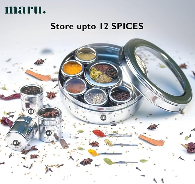 MARU 12 IN 1 Stainless Steel Indian Masala Box with See Through Lids, Elegant Spice box, Masala Dabba with 9 Spice Containers & 4 spoons for Kitchen Rack Organizer, Spice Storage Container for Kitchen