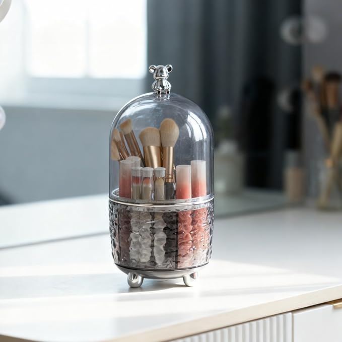 Dezzer Makeup Brush Holder with Lid, 360 Rotating Dustproof Make Up Organizers, 6 Slot Make up Brush Holder for Vanity Bathroom Countertop Office, Gray