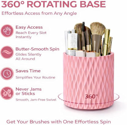 Makeup Brush Holder Organizer, 360° Rotating 5-Slot Make up Brushes Cup for Cosmetic, Lipstick, Hair Brush Holder - Spinning Vanity Countertop Caddy for Bathroom, Dorm & Office, Pink