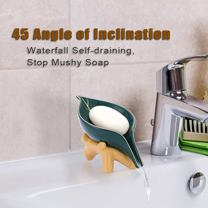 JUXYES Ceramic Soap Dish Holder Self Draining, Unique Waterfall Soap Dish Leaf Shape Decorative Soap Dish Tray Tabletop Drainable Soap Saver Bathtub Waterfall Soap Dish Holder for Bathroom Shower