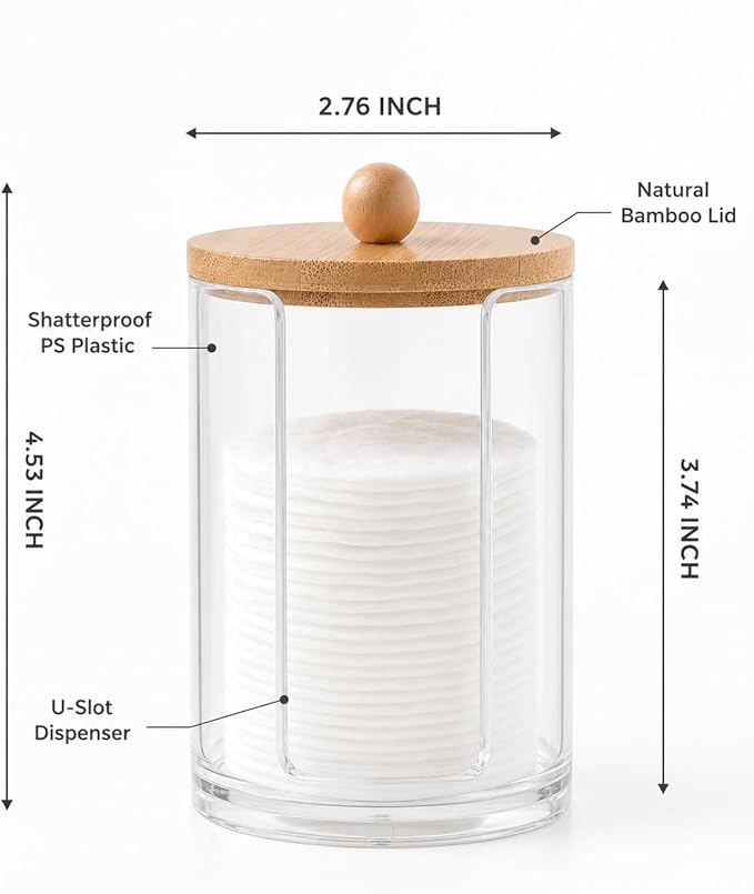 Cotton Round Holder with Bamboo Lid - 10oz Clear Plastic Cotton Pad Dispenser with U-Shaped Side Slot, Shatterproof Apothecary Jar for Makeup Remover Pads, Bathroom Vanity Countertop Storage