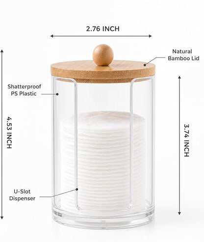 Cotton Round Holder with Bamboo Lid - 10oz Clear Plastic Cotton Pad Dispenser with U-Shaped Side Slot, Shatterproof Apothecary Jar for Makeup Remover Pads, Bathroom Vanity Countertop Storage