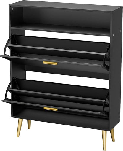 JOZZBY Shoe Cabinet for Entryway, Narrow Shoe Storage Cabinet with 2 Flip Drawers, Freestanding Hidden Shoe Rack Storage with Open Shelves for Hallway, Living Room