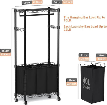 Hodonas Rolling Laundry Basket Organizer with Wheels and Hanging Bar, Laundry Hamper Cart Laundry Sorter 3 Section, Dirty Clothes Hampers for Laundry Bedroom Bathroom w/ 3 Removable Bags, Black