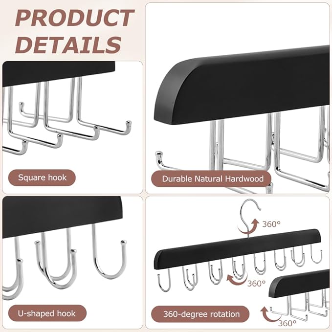2 Pack Tie Rack Belt Hanger with 20 Foldable Metal Hooks, Space Saving Necktie Organizer for Men Wooden Belt Tie Organizer for Tank Tops Bras Cami Scarves