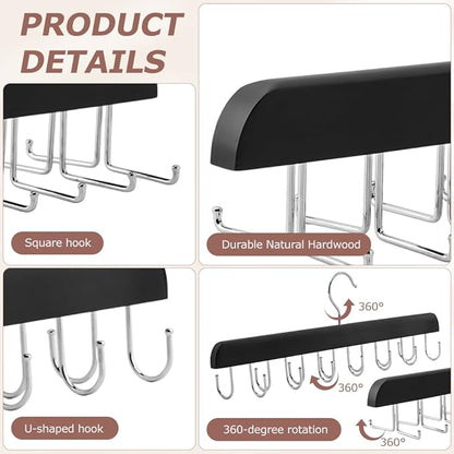 2 Pack Tie Rack Belt Hanger with 20 Foldable Metal Hooks, Space Saving Necktie Organizer for Men Wooden Belt Tie Organizer for Tank Tops Bras Cami Scarves
