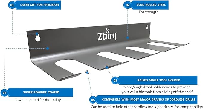 Ztorq Cordless Drill Tool Organizer - Drill Holder Storage Wall Mount Rack to optimize Garage Organization and Power Tool Storage