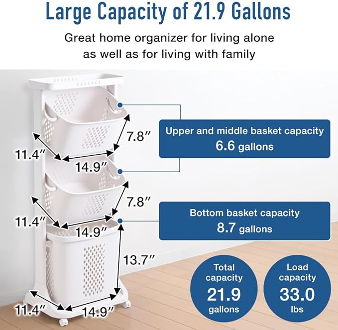Japard 83 Litres Rolling Laundry Hamper Ultra Slim, Vertical 3 Sorter Cart with Wheels and Breaks, 3-tier Baskets Detachable for Dorm, Closet, Easy Assembly White Gray