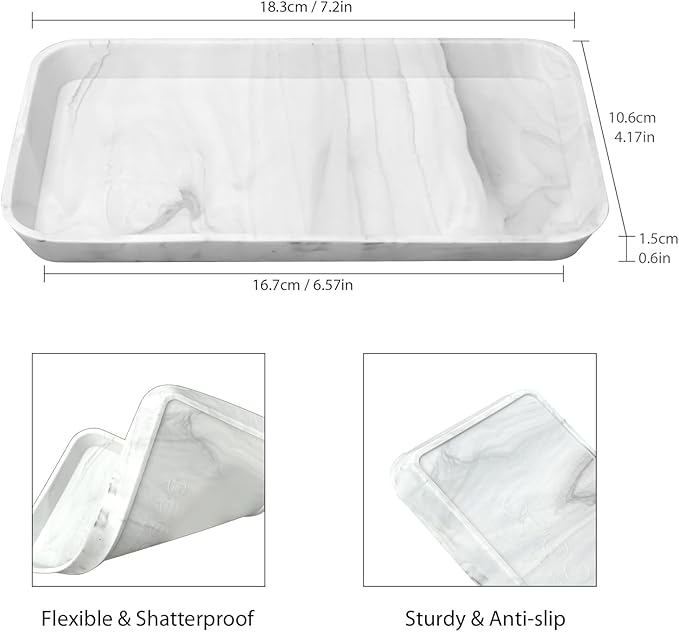 2 Pcs Countertop Vanity Tray, Bathroom Silicone Shatterproof Tray, Soap and Sponge Holder for Kitchen Sink Toilet Tank, Bathroom Holders for Counter, Perfume Candle Key Valet - Marble