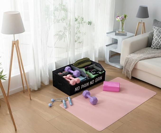 Fabric Home Gym Storage Box, Foldable Workout Equipment Storage Organizer with Bottom Board & Handles, Gym Shelf for Loop Bands, Yoga Blocks, Yoga Strap, Wrist Wraps-Black