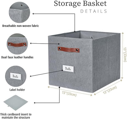 DECOMOMO Storage Cubes, 13x13x13 Storage Cube Bins with Labels, Fabric Organizer Bins (13" / 6pcs, Texture Grey)