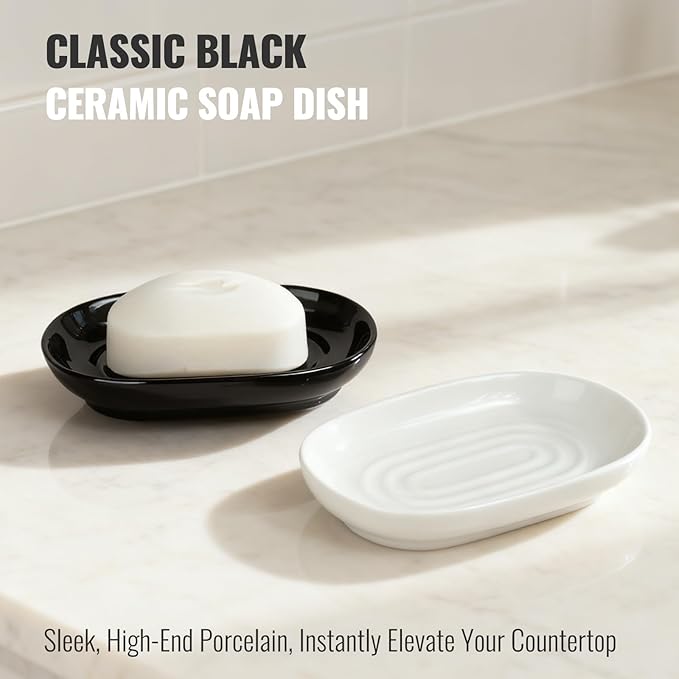 AIMAIAIMAI Black Ceramic Soap Dish, Minimalist Bar Soap Holder - Elegant Hostess Gift, Housewarming Gift for New Home, Decorative Soap Tray for Bathroom, Kitchen