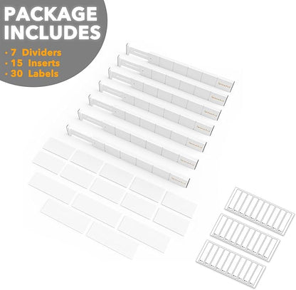 SpaceAid Bamboo Drawer Dividers with Inserts and Labels, Kitchen Adjustable Drawer Organizers, Expandable Organization for Home, Office, Dressers, 7 Dividers with 15 Inserts (17"-22" White)