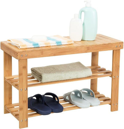 SMAGREHO Natural Bamboo Shoe Bench 2 Tier Shoe Rack Organizer Entryway Seat Storage Shelf