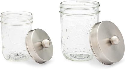 Jarmazing Products Apothecary Lid Storage Set with Ball Mason Jars - Farmhouse Home Decor for Vanity Organization - Luxury Bathroom, Kitchen and Office Accessories - Stainless Steel - Two Pack