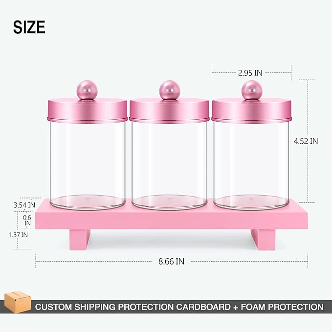 Pink Qtip Holder Bathroom Set - 3 Pack Apothecary Jars with Metal Lids and Vanity Tray.Bathroom Organizers and Storage, Cute Vanity Makeup Organizer, Bathroom Decor Accessories