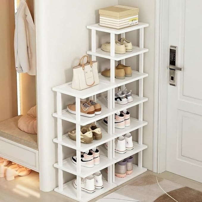 SAN HE 7-Tier Modern Bamboo Shoe Rack - Vertical, Slim, Space-Saving Shoe Organizer for Small Spaces, Closet, Entryway, Corner, Garage, Bedroom