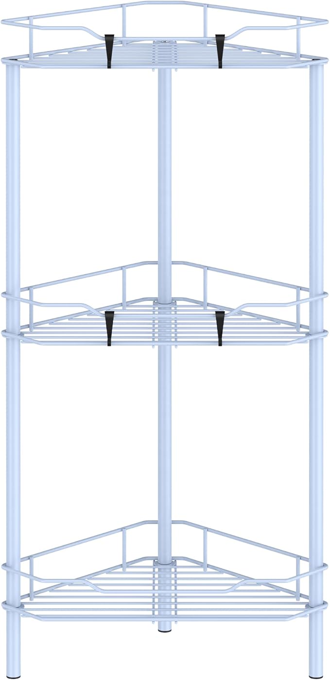 HuggieGems 3 Tier Floor Standing Corner Shower Caddy Organizer Shelf with Hooks, Bathroom Shelves Stand Rack, Blue