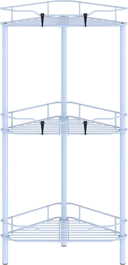 HuggieGems 3 Tier Floor Standing Corner Shower Caddy Organizer Shelf with Hooks, Bathroom Shelves Stand Rack, Blue
