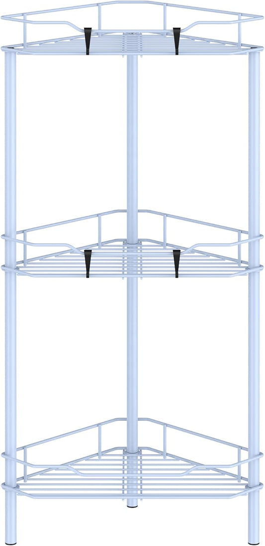 HuggieGems 3 Tier Floor Standing Corner Shower Caddy Organizer Shelf with Hooks, Bathroom Shelves Stand Rack, Blue