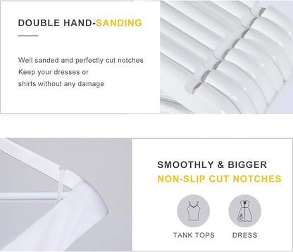 TOPIA HANGER All White Wooden Hangers, Solid Wood Suit Hangers with Extra Thick Hook and Non Slip Pants Bar, Heavy Duty Coat Hangers with Notches, Bridal Hangers for Shirts 16 Pack -CT01W