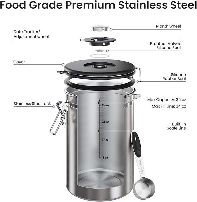 Veken Coffee Canister, 39OZ Large, Airtight Stainless Steel Food Storage Container for 2.2lbs Coffee Beans, Ground, Sugar, Tea, Flour, Cereal, Kitchen Bar Accessories with Date Tracker & Scoop, Silver