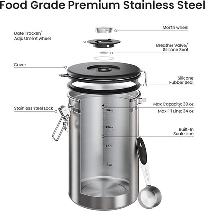 Veken Coffee Canister, 39OZ Large, Airtight Stainless Steel Food Storage Container for 2.2lbs Coffee Beans, Ground, Sugar, Tea, Flour, Cereal, Kitchen Bar Accessories with Date Tracker & Scoop, Silver