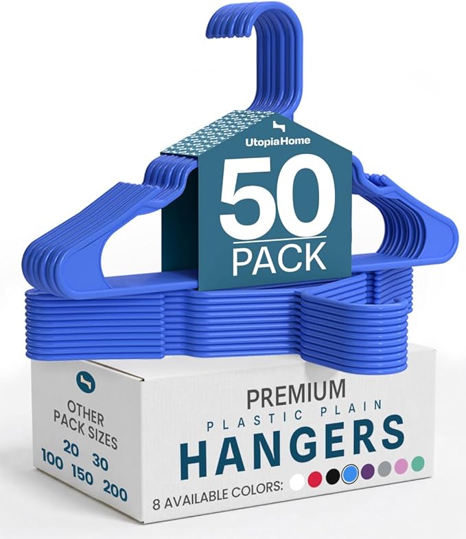 Utopia Home - Plastic Hangers 50 Pack - Space Saving Clothes Hanger - Durable and Strong Closet Organizers and Storage Makes It Ideal Stocking Stuffers or Apartment or Dorm Room Essentials (Blue)