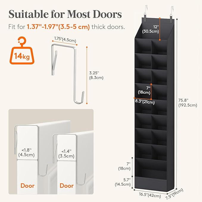 Lifewit 10 Tier Over the Door Shoe Organizer with 19 Large Deep Pockets, Fabric Hanging Shoes Shelf for Closet, Dorm Storage, Fit Up to 20 Pair Shoe Rack Holder for Sneakers, Boots, Black