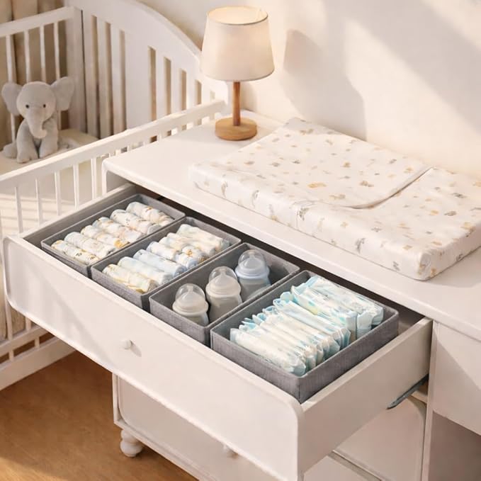 DIMJ Drawer Organizer Clothes - Small Dresser Organizer Underwear Drawer Organizer for Baby Clothes, Socks, Underwear, Bra, Belt, Tie - Grey