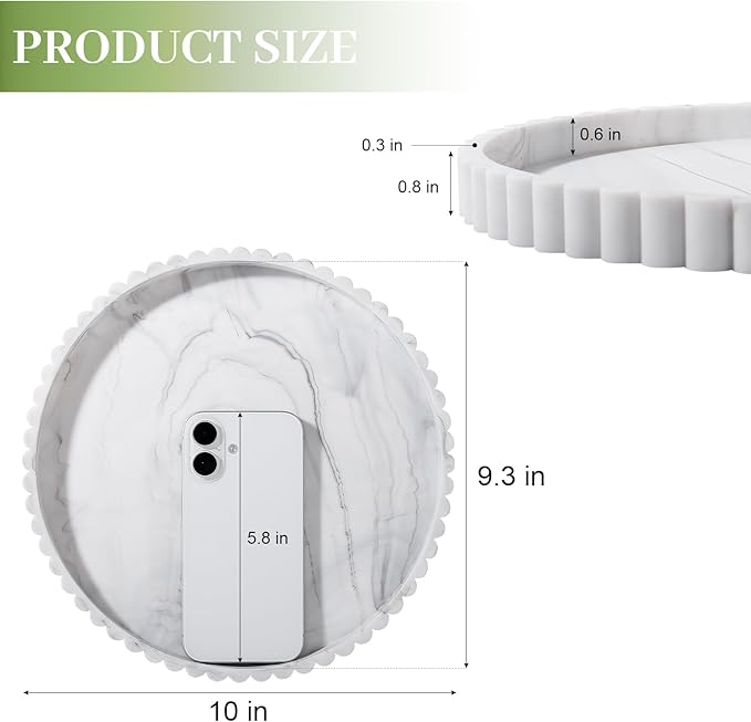 Round Bathroom Tray Silicone Kitchen Counter Decor Vanity Organizer Decorative Coffee Table Tray for Perfume, Candle, Soap Dish, 10 Inch, Marble