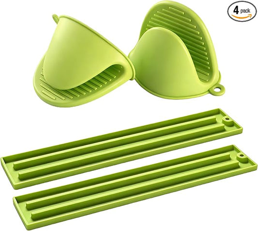 Oven Mitts and Pot Holders Sets, Mini Silicone Oven Mitts Heat Resistant (1 Pair), Pot Lid Holder While Cooking (1 Pair), Non-Slip Silicone Pot Holders & Spoon Rest, Dishwasher Safe
