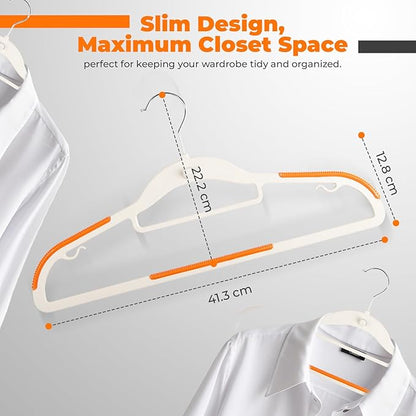 Lightweight White Plastic Hangers 20 Pack with Cascading Hook, Space Saving Thin, Closet Organizer, Orange Anti-Slip Pads, 360° Swivel, Tie Holder