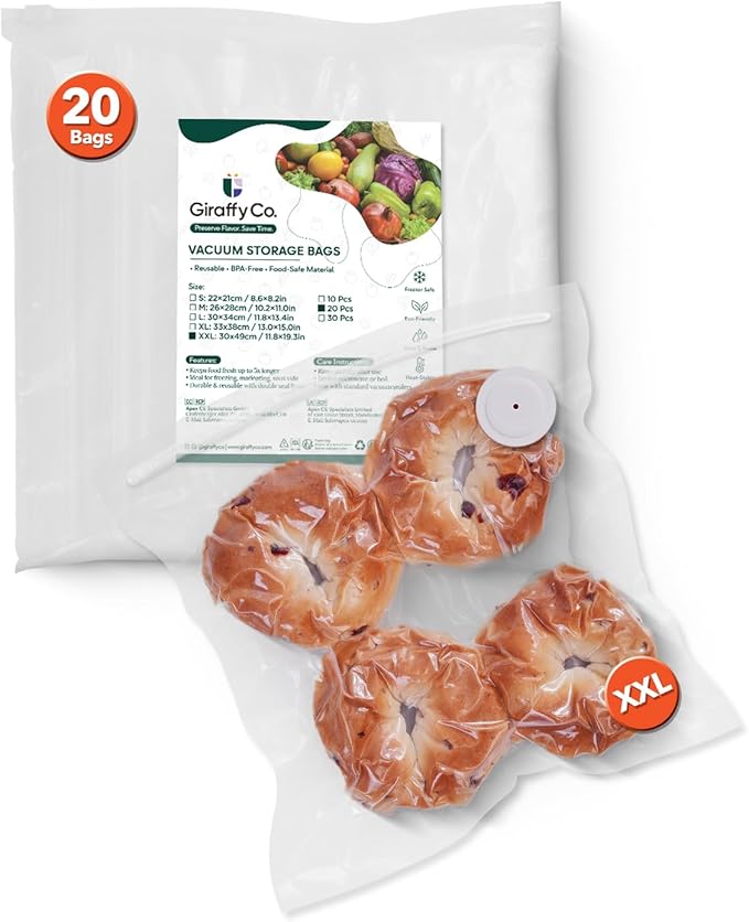 Reusable Vacuum Sealer Bags for Food, XXL 20 Pack (30 x 49 cm / 11.8 x 19.3 in) – BPA‐Free Leak‐Proof Zip Bags with Air Valve, Freezer & Sous Vide Safe, Works with Handheld Sealers