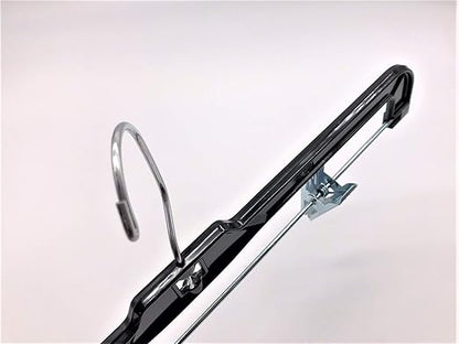 NAHANCO Plastic Skirt/Pant Hangers, Heavy Weight with Chrome Hook, Chrome Metal Clips - 14" High Gloss Black (Pack of 100)