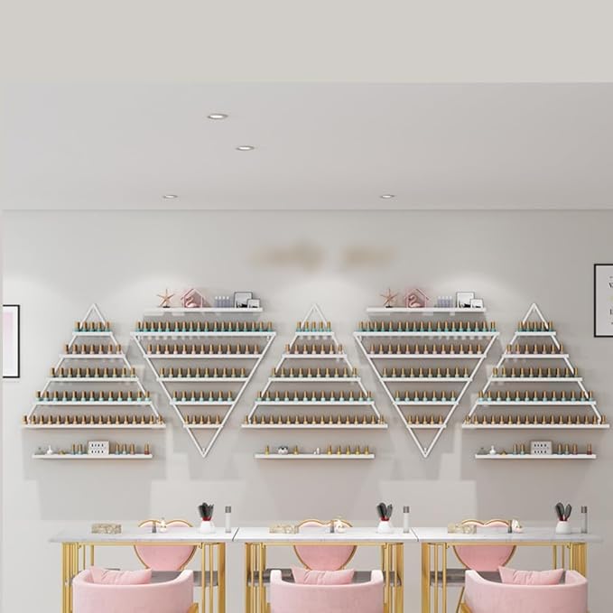 Elegant Wall Mounted Nail Polish Storage Rack Set of 10 Triangular Cosmetic Display Shelves for Essential Oil Bottles, Organize Your Lipsticks and Perfumes in Style at Home or Salon (White)