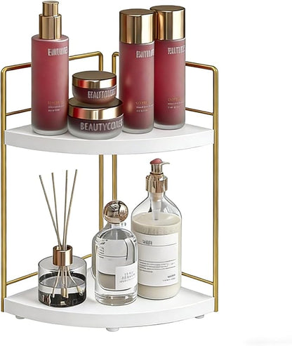 Bathroom Countertop Organizer, 2 Tier Wood Bathroom Counter Organizer, Vanity Organizers Corner Shelf for Makeup, Perfume, Skincare,Bedroom and Kitchen Storage (2 Tier,White and Gold)