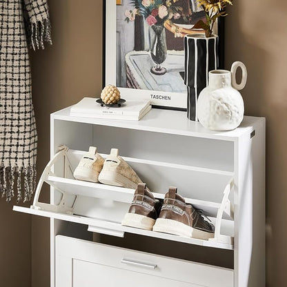 SoBuy Shoe Storage Cabinet Entryway, Slim Shoe Rack Freestanding, Narrow Shoe Organizer 2 Flip-Drawers Shoe Cupboard for Mudroom Front Door Entrance Hallway Bedroom, White, FSR137-W